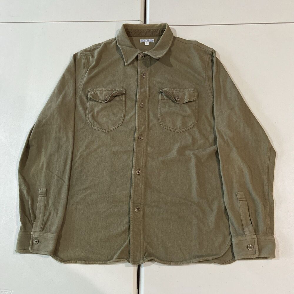 Wallace & Barnes Shirt Mens L Olive HBT Herringbone Twill Button Workwear JCrew